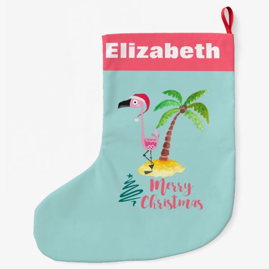 Roze Flamingo Tropisch Eiland Kerstmis Grote Kerstsok (Achterkant)