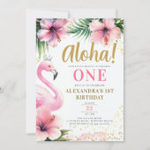 Roze Flamingo Tropisch Goud Aloha 1e Verjaardag Kaart (Voorkant)
