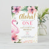 Roze Flamingo Tropisch Goud Aloha 1e Verjaardag Kaart (Staand voorkant)