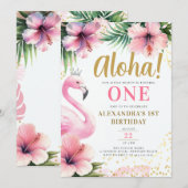 Roze Flamingo Tropisch Goud Aloha 1e Verjaardag Kaart (Voorkant / Achterkant)
