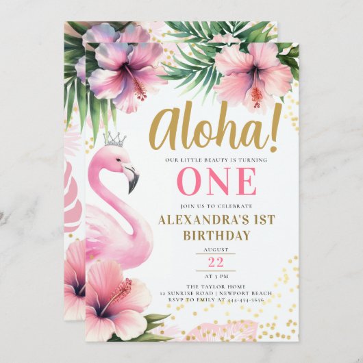 Roze Flamingo Tropisch Goud Aloha 1e Verjaardag Kaart (Voorkant / Achterkant)