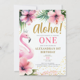 Roze Flamingo Tropisch Goud Aloha 1e Verjaardag Kaart