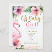 Roze Flamingo Tropisch Goud Het is een Meisje Baby Kaart (Voorkant)