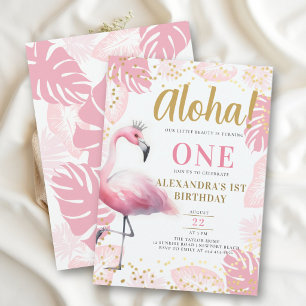 Roze Flamingo Tropisch Hawaï Aloha 1e Verjaardag Kaart