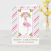 Roze Flamingo Tropisch Kerstfeest Kaart (Gele Bloem)