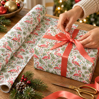 Roze Flamingo Tropisch Kerstmis Waterverf Palmen Cadeaupapier
