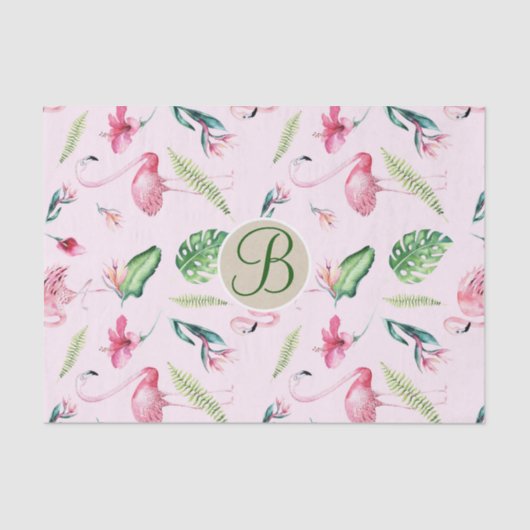 Roze Flamingo Tropisch Monogram Letter Initiaal Tissuepapier (Voorkant)