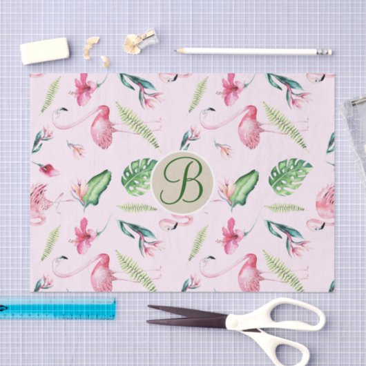 Roze Flamingo Tropisch Monogram Letter Initiaal Tissuepapier (Craft)
