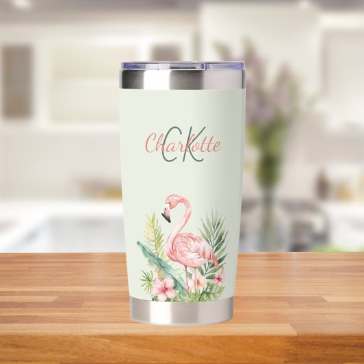 Roze flamingo tropisch monogram salie groen geïsoleerde drinkbeker