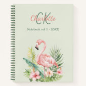 Roze flamingo tropisch monogram salie groen notitieboek (Voorkant)