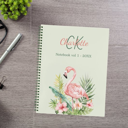 Roze flamingo tropisch monogram salie groen notitieboek