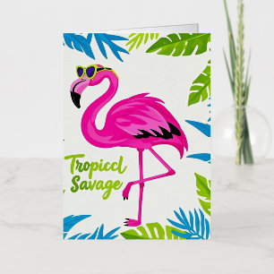 Roze flamingo Tropisch  op één poot staand Folie Wenskaart
