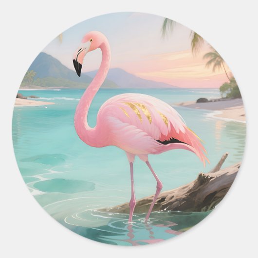Roze Flamingo Tropisch Paradijs Ronde Sticker (Voorkant)