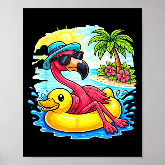 Roze Flamingo Tropisch Strand Gevoel Palmboom Poster (Voorkant)