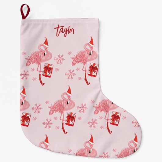 Roze Flamingo Tropisch Strand Vogel Kerstmis Custo Grote Kerstsok (Voorkant)