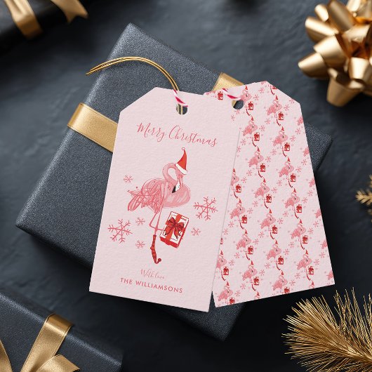 Roze Flamingo Tropisch Strand Vrolijk Kerstfeest Cadeaulabel