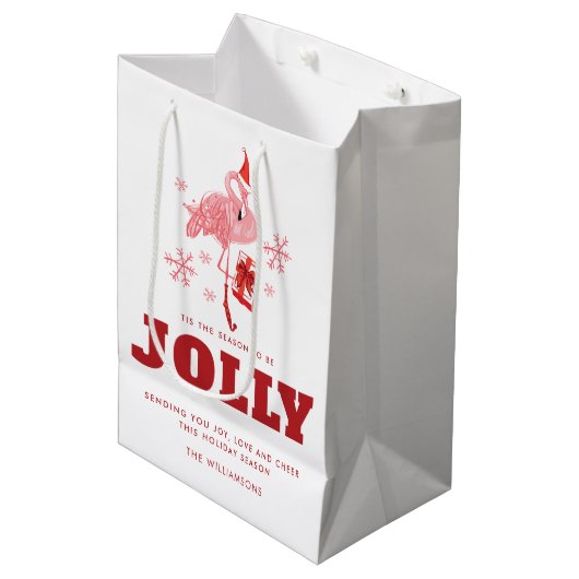 Roze Flamingo Tropisch Strand Witte Kerst Medium Cadeauzakje (Voorkant Gekanteld)