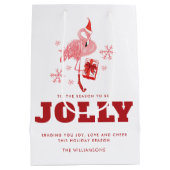 Roze Flamingo Tropisch Strand Witte Kerst Medium Cadeauzakje (Achterkant)