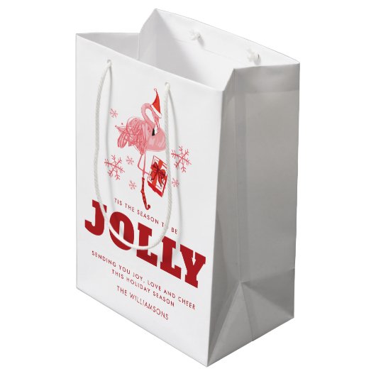 Roze Flamingo Tropisch Strand Witte Kerst Medium Cadeauzakje (Achterkant Gekanteld)