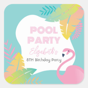Roze Flamingo Tropisch Zwembad Feest Verjaardag Vierkante Sticker