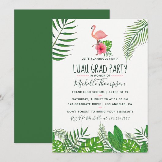 Roze Flamingo Tropische Aquarel Luau Afstudeerfees Aankondiging (Voorkant / Achterkant)