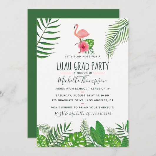 Roze Flamingo Tropische Aquarel Luau Afstuderen Aankondiging (Voorkant / Achterkant)
