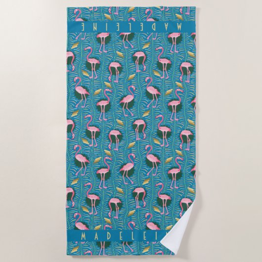 Roze Flamingo Tropische Art Deco Retro Blue Custom Strandlaken (Voorkant)