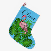 Roze Flamingo, tropische bladeren Grote Kerstsok (Voorkant (Hangend))