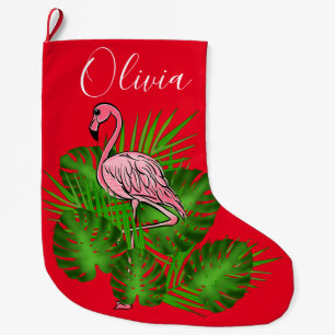 Roze Flamingo, tropische bladeren Grote Kerstsok