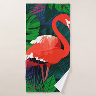 Roze flamingo. Tropische bladeren, roze vlinder, Badhanddoek