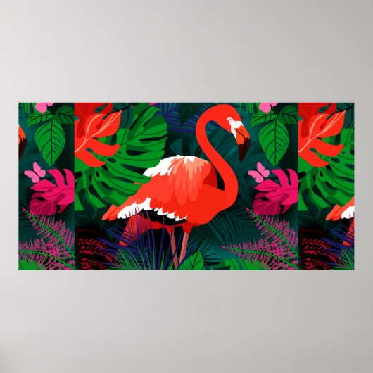 Roze flamingo. Tropische bladeren, roze vlinder, Poster (Voorkant)