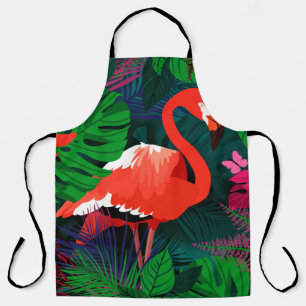 Roze flamingo. Tropische bladeren, roze vlinder, Schort