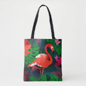 Roze flamingo. Tropische bladeren, roze vlinder, Tote Bag (Voorkant)