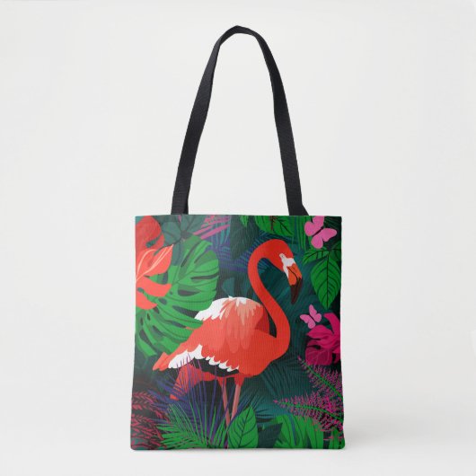 Roze flamingo. Tropische bladeren, roze vlinder, Tote Bag (Voorkant)