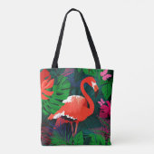 Roze flamingo. Tropische bladeren, roze vlinder, Tote Bag (Achterkant)