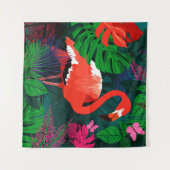 Roze flamingo. Tropische bladeren, roze vlinder, Wandkleed (Voorkant (horizontaal))