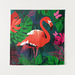 Roze flamingo. Tropische bladeren, roze vlinder, Wandkleed
