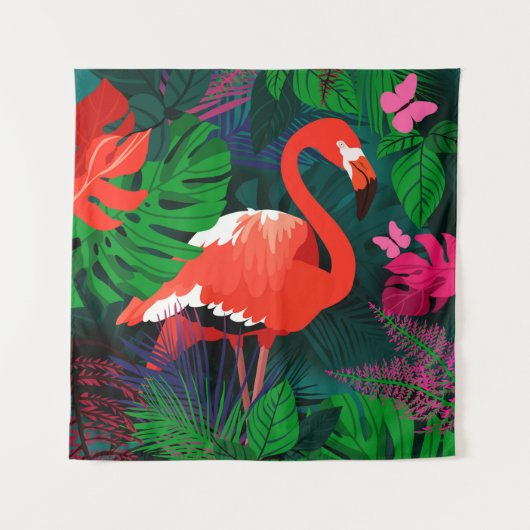Roze flamingo. Tropische bladeren, roze vlinder, Wandkleed (Voorkant)