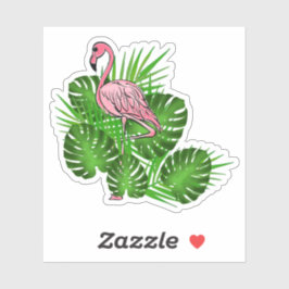 Roze Flamingo, tropische bladeren Sticker