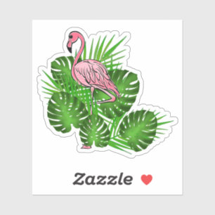 Roze Flamingo, tropische bladeren Sticker