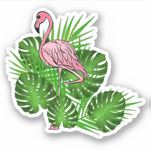 Roze Flamingo, tropische bladeren Sticker (Voorkant)