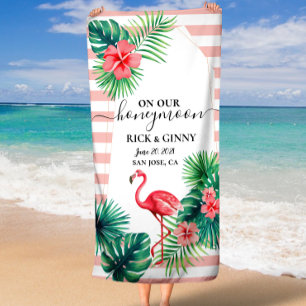 Roze Flamingo Tropische Bladeren Strepen Honeymoon Strandlaken