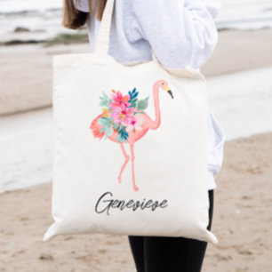 Roze Flamingo Tropische Bloemen Bruidsmeisje Canva Tote Bag