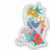 Roze flamingo, Tropische Bloemen - Gepersonaliseer Sticker (Voorkant)