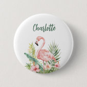 Roze flamingo tropische bloemen naamlabel ronde button 5,7 cm (Voorkant)