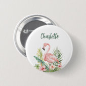 Roze flamingo tropische bloemen naamlabel ronde button 5,7 cm (Voorkant /achterkant)