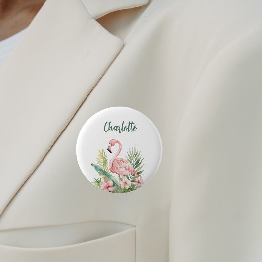 Roze flamingo tropische bloemen naamlabel ronde button 5,7 cm