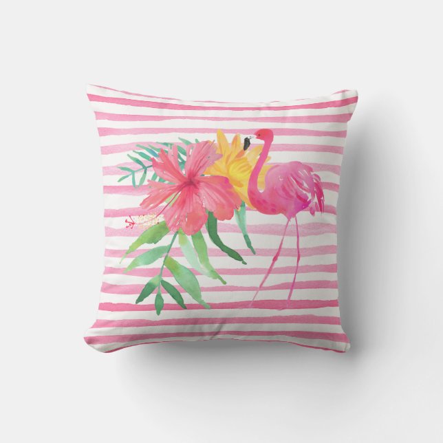 Roze Flamingo Tropische Bloemen Openluchthoofdkuss Buitenkussen (Voorkant)