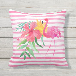 Roze Flamingo Tropische Bloemen Openluchthoofdkuss Buitenkussen