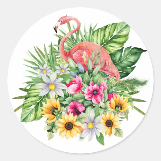Roze Flamingo & tropische bloemen Ronde Sticker (Voorkant)